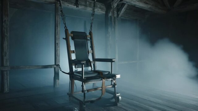 Cinematic shot of a scary electric chair with straps hanging by chains in a dark foggy abandoned room, horror and torture concept background.