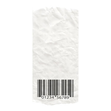 A single piece of crumpled white paper featuring a black barcode at the bottom with the numerical sequence zero one two three four five six seven eight nine on a white background