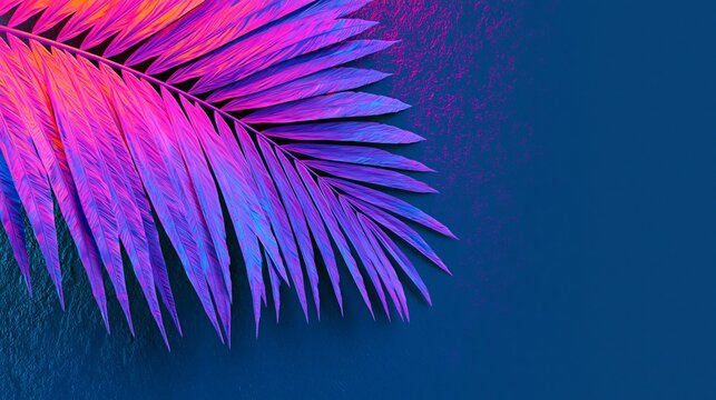 Palm leaf in neon pink, purple, and blue sits on a modern background, perfect for a web banner.