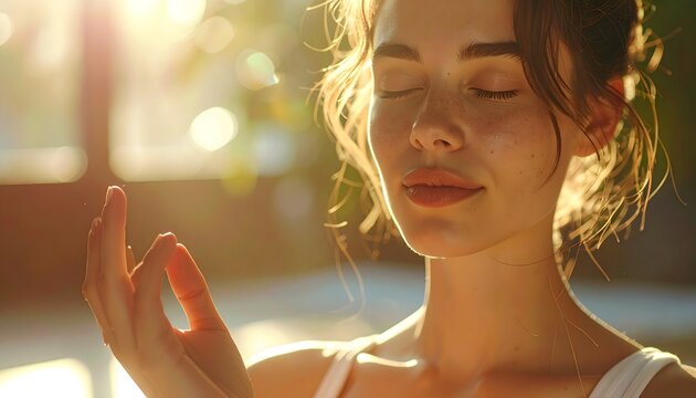 Mujer meditando con los ojos cerrados y gesto de calma bajo luz c&aacute;lida en ambiente de bienestar