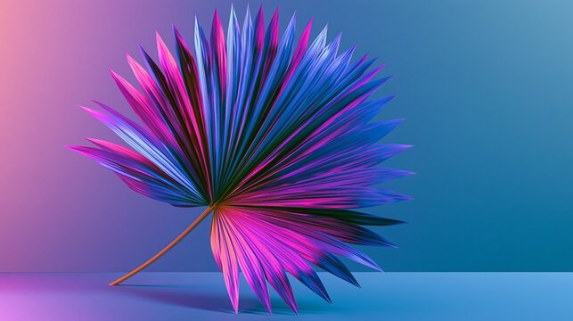 Palm leaf in neon pink, purple, and blue sits on a modern background, perfect for a web banner.