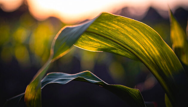 Close up of green corn leaves backlit by golden sunset light leaf plant