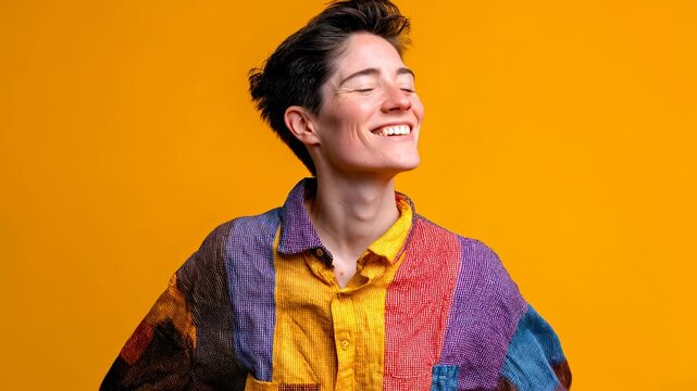 Person smiles in a colorful shirt against a bright orange background Generative AI