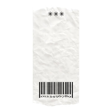 A piece of crumpled white paper featuring three black asterisks at the and a black barcode with the numerical sequence zero one two three four five six seven eight nine
