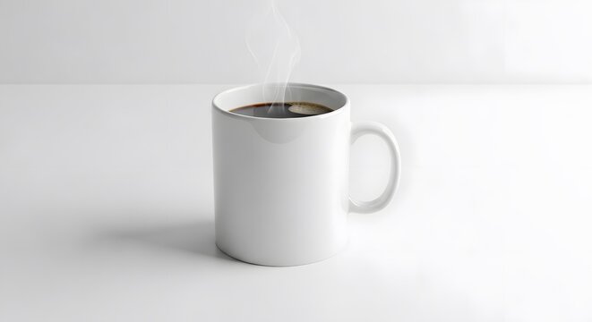 Steaming white coffee mug on a plain white surface with a subtle shadow