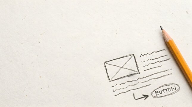 Hand drawn website wireframe sketch with pencil on textured paper background UX UI design planning concept
