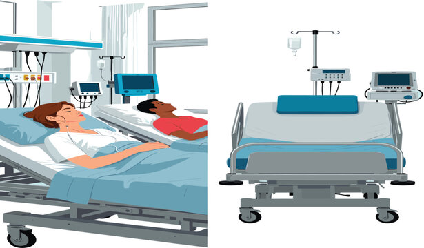 Hospital Patient Bed Illustration Set with Medical Equipment Monitor IV Drip and Healthcare Recovery Room Design