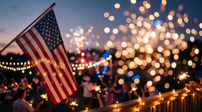 Celebrating independence day with fireworks and american flag outdoor party festive atmosphere bokeh background