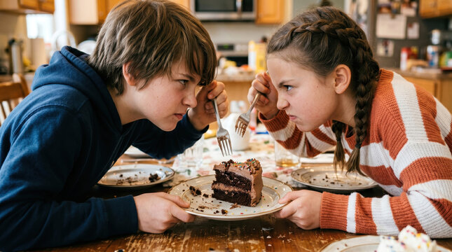 Brother and sister arguing over a piece of chocolate cake