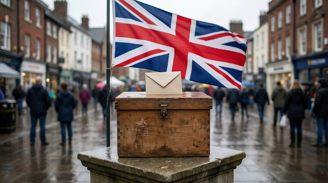 Ballot box with the United Kingdom flag in a city street, symbolizing democracy, elections, voting, and British politics.