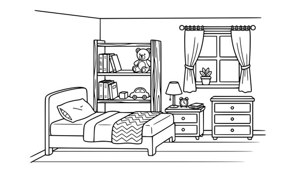 Minimal bedroom coloring page vector illustration isolated on white background