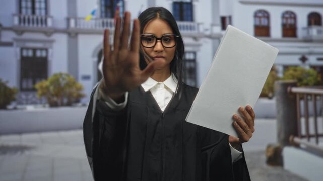 Woman judge in black robe holds document and raises palm to stop at building entrance; authority judgment duty.