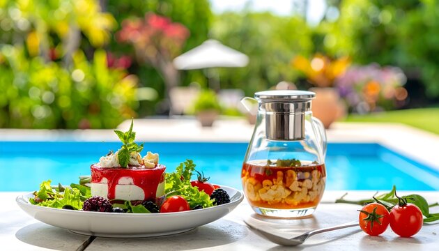 Ensalada fresca con tomate y ali&ntilde;o sobre mesa junto a piscina en ambiente luminoso de verano
