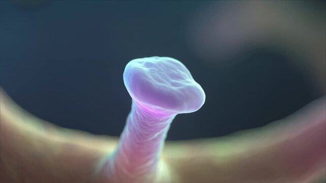 Extreme close-up of a single dendritic spine changing shape &ndash; synaptic plasticity, vivid colors, shallow depth of field. no text