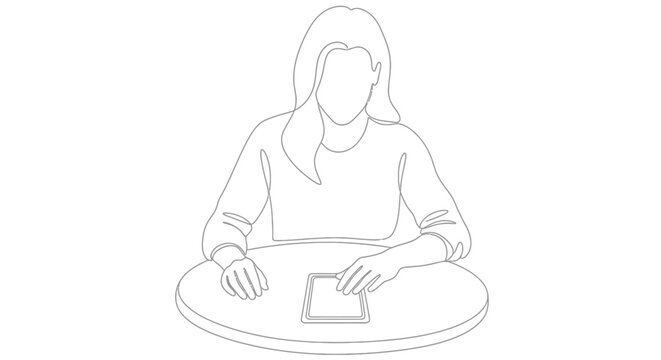 Woman sitting at a table with a digital tablet line art illustration