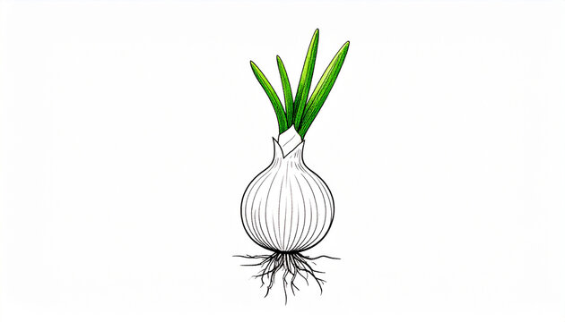 Drawing of a single onion with green sprouts and roots on white background growing