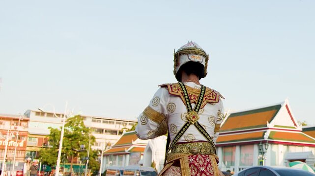 Traditional Thai Khon Dancer Performs Hanuman Monkey Mask Dance in Bangkok