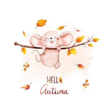 Watercolor Illustration of Cute Mouse with Autumn Leaves