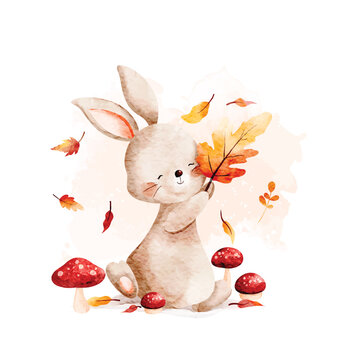 Watercolor Illustration of Cute Rabbit with Autumn Leaves