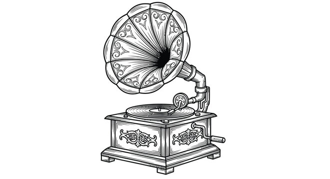 Vintage gramophone illustration antique phonograph record player engraving