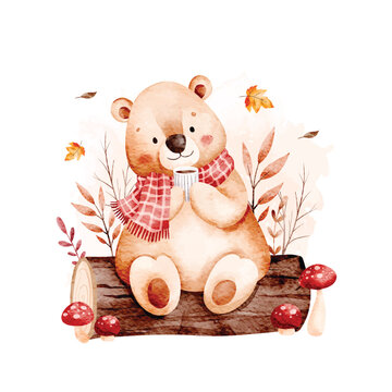 Watercolor Illustration of Bear Sits on Logwood with Autumn Leaves