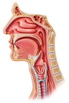 Sagittal section of human head and neck anatomy illustration showing nasal cavity, oral cavity, pharynx, larynx, and trachea.
