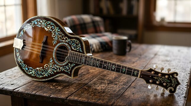 Ornate vintage mandolin with pearl inlay resting on a rustic wooden table