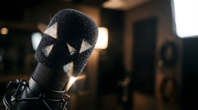Professional condenser microphone in a dimly lit recording studio setup