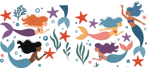 Fototapeta premium Cute Diverse Mermaid Character Vector Set Featuring Mythical Sea Creatures Swimming with Starfish Coral Seaweed and Ocean Bubbles for Fantasy Under the Sea Kids Designs
