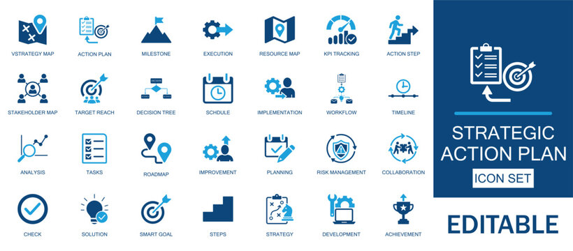 Strategic action plan and business roadmap icon set. Includes management milestones, KPI tracking, project execution, and corporate strategy symbols for professional growth.