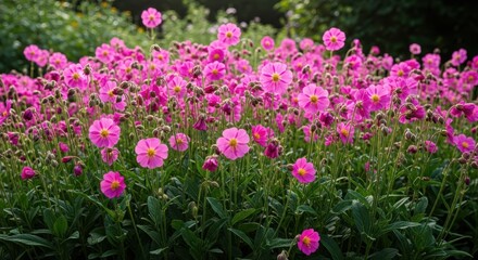 Fototapeta premium Field of pink rockroses in bloom with rockrose botanical wildflower colourful