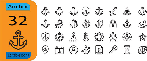 Set of 32 outline icons related to including anchors, compass Linear icon collection. Editable stroke. Vector illustration © MOSTARIFA