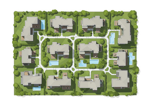 Top down aerial view of a residential apartment complex master plan.
