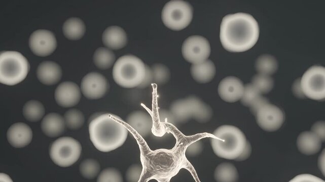 Neural network with selective focus one sharp neuron in foreground, dozens blurred in background &ndash; depth effect. no text