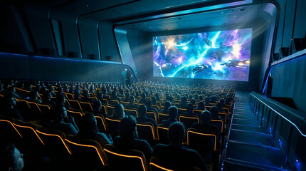 Fototapeta premium Audience watching a fantasy movie in a dark modern cinema theater with audience screening watching