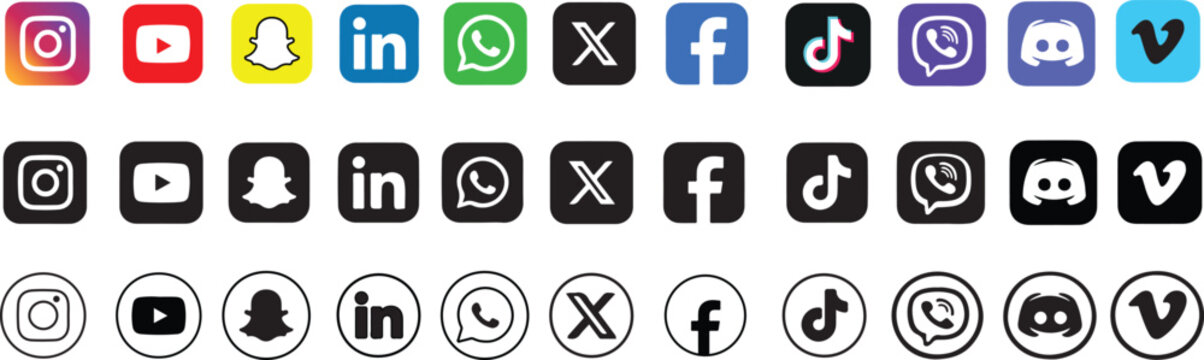 Social media icons for popular platforms in various styles and colors