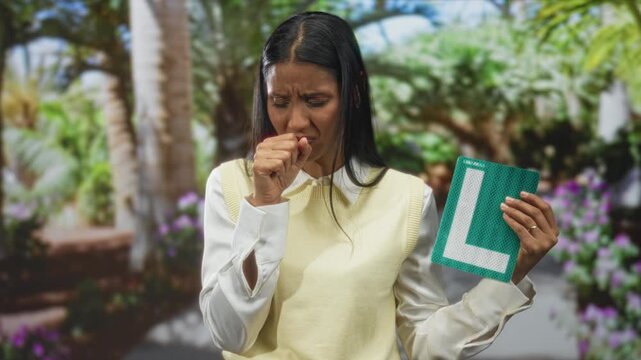 Woman holding a green learner l plate, coughing into her fist while squinting eyes on a sunlit street lined with palm trees; discomfort concern.