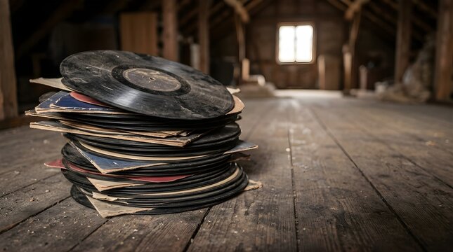 Stack of old vinyl records on wooden floor in rustic attic interior