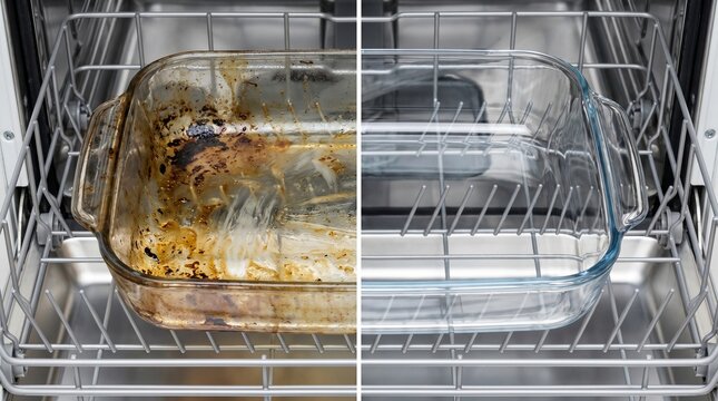 Before And After Cleaning Dirty Glass Baking Dish In Dishwasher Rack