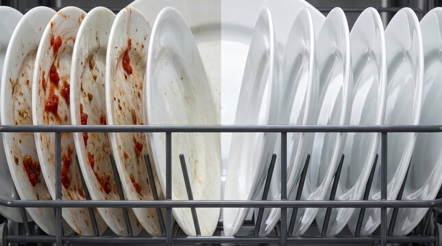 Dishwasher Rack with Dirty and Clean Plates Before and After Wash