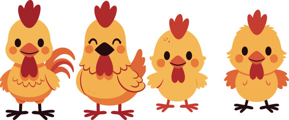 Obraz premium Cute Cartoon Chicken Family Mascot Vector Set Featuring Rooster Hen and Baby Chicks Characters with Happy Facial Expressions for Farm and Nursery Graphic Designs