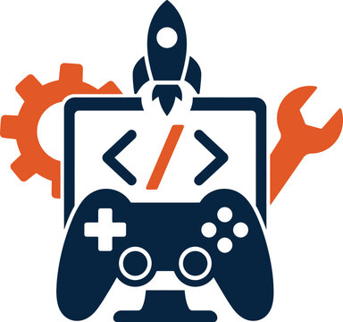 game development icon with rocket code brackets wrench and gamepad on white background