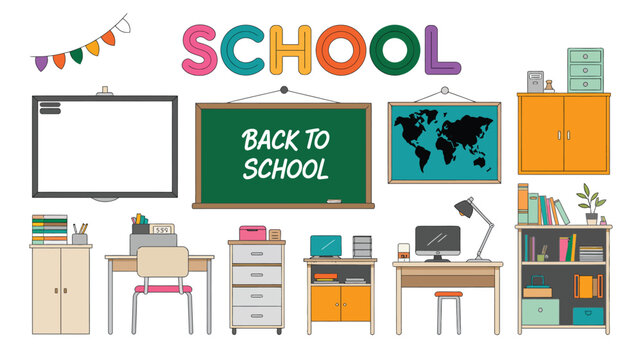 Colorful classroom setup with school furniture and supplies