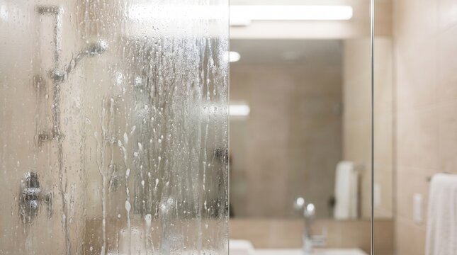 Dirty Shower Glass Partition With Soap Scum Water Spots