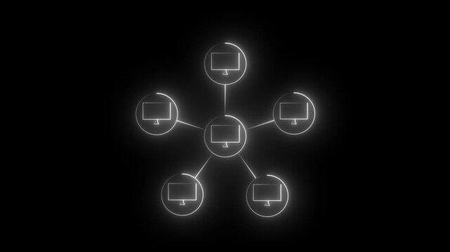Neon computer Hierarchy Network Structure on Black Background  , 3d animation....