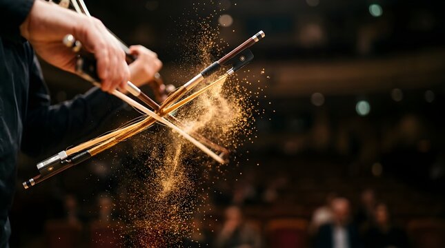 Violinist playing instrument with rosin dust flying on concert stage