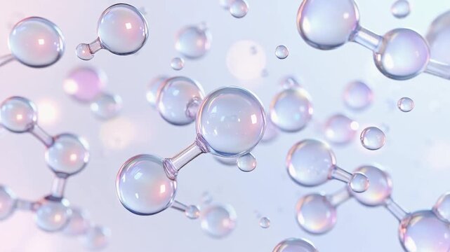 透明なガラスのような美容分子がやさしく連結しながら浮遊する、未来感あふれるスキンケアサイエンスイメージ。オーロラ調の虹色の反射光と繊細な発光表現が、ヒアルロン酸やセラミド、コラーゲンなどの美容成分による潤いと透明感を演出。高級コスメ広告のようなクリーンで幻想的な雰囲気を表現した、美容科学テーマの抽象CG背景素材 ジェネレーティブAI