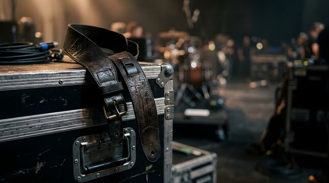 Worn leather guitar strap resting on a flight case in a concert venue
