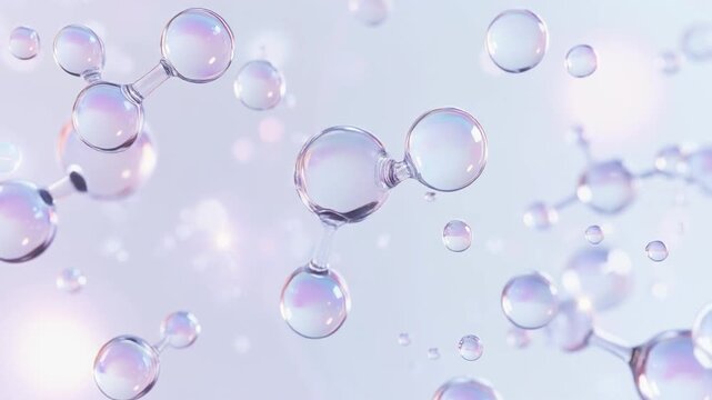 オーロラのような虹色の光をまとった透明な美容成分分子が浮遊する、未来的なスキンケアサイエンスイメージ。ヒアルロン酸やセラミド、コラーゲンを連想させるガラスのような分子構造と繊細な発光表現が、透明感や潤い、浸透感を演出するラグジュアリーなコスメ広告風CG。クリーンで幻想的な美容科学をテーマにした抽象ビューティー背景素材 ジェネレーティブAI