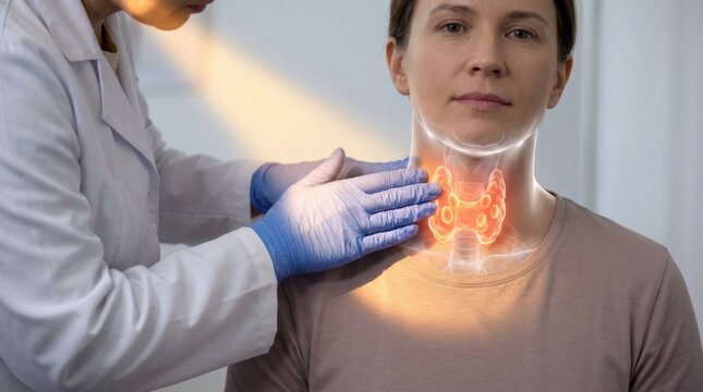 Doctor examines patient's glowing thyroid gland with anatomical illustration